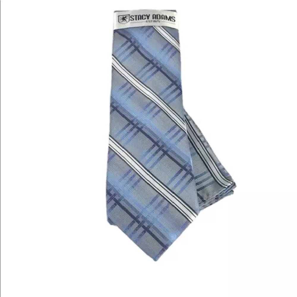 Stacy Adams Men's Tie Hanky Set Navy Blue Cobalt Blue White Black Stripes 3.5" - Picture 3 of 4